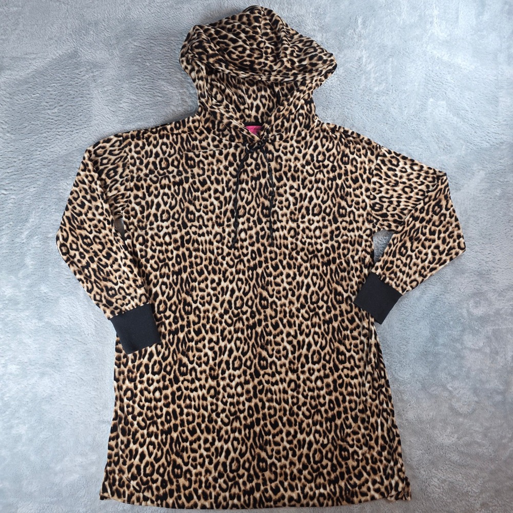 Betsey Johnson Women Small Brown Leopard Print Hoodie Ribbed Cuffs Sleep Dress